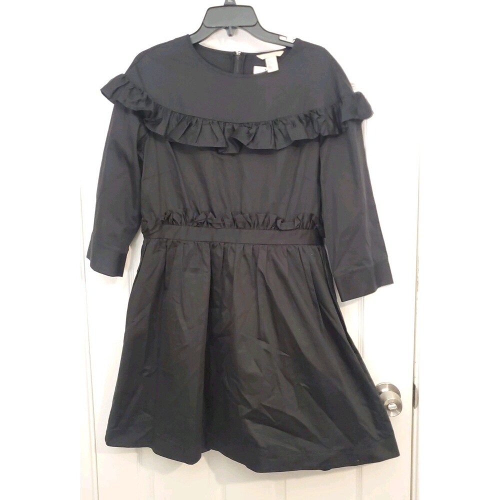 H&M Black Cotton Ruffle Collar Long Sleeve Dress Size 12 NWT Elastic Waist